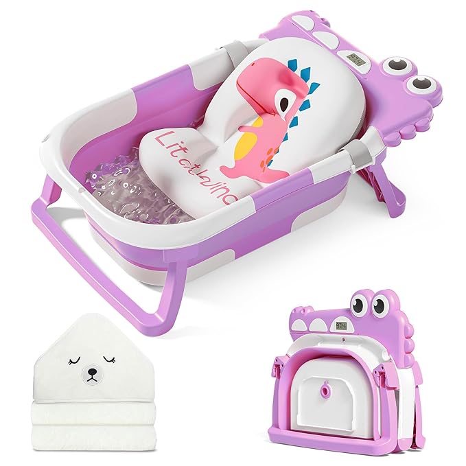 MoreFeel Collapsible Baby Bathtub for Newborn with Thermometer & 1 Hooded Towel & 1 Soft Floating Cushion,Portable Travel Bathtub with Drain Hole, Durable Foldable Baby Tubs for Infants to Toddler