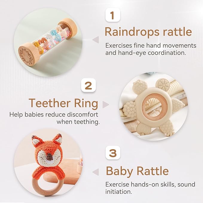 Youuys Wooden Baby Rattle Set (3pcs) - Crochet Rattle Rain Stick Teething Toys, Wooden Montessori Toy for Newborn Infant Baby Rattles Set Toys 3-6 Months (Fox)