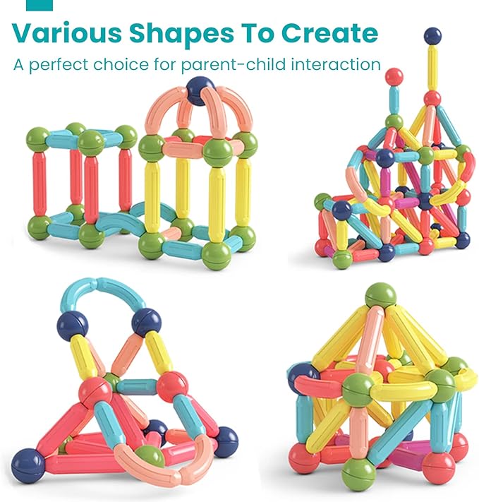 BAKAM Magnetic Building Blocks for Kids Ages 4-8, STEM Construction Toys for Boys and Girls, Large Size Magnetic Sticks and Balls Game Set for Kid’s Early Educational Learning (64PCS)