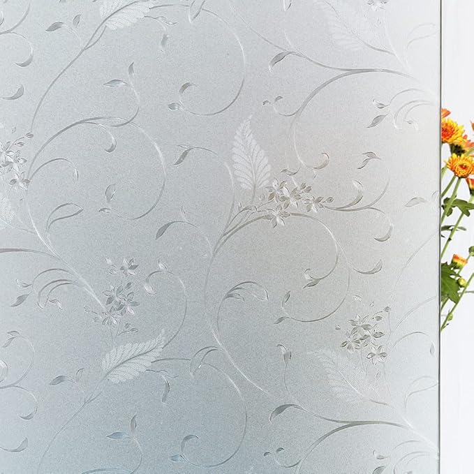 Mikomer Privacy Window Film Etched Flowers Static Cling Glass Door Film, Non Adhesive Heat Control Anti UV Window Cling for Office and Home Decoration,11.8 inches by 78.7 inches