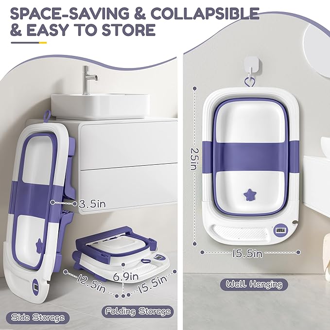 Collapsible Baby Bathtub,Baby Bath Tub with Thermometer & Soft Cushion,Baby Bathtub for Newborn to Toddler 0-36 Months,Portable Travel Baby Tub with No-Slip Feet,Baby Shower Gifts,Lavender