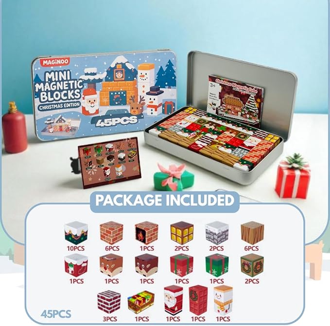 45PCS Mini Magnetic Blocks Christmas Set – Holiday STEM Building Cubes for Kids, Educational Travel Magnet Toy with Iron Box, Creative & Safe Gift for Boys & Girls Ages 3–8