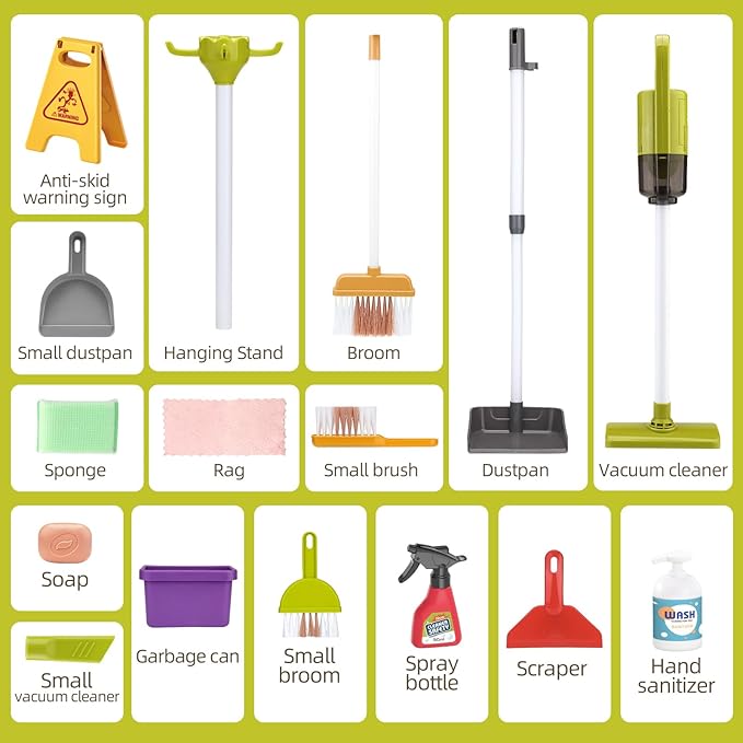 Kids Cleaning Set for Toddlers, Detachable 20 Pcs Pretend Play Set, Educational Toddler Cleaning Carts Includes Real Working Vacuum Cleaner, Broom, Spray Bottle and More(Green)