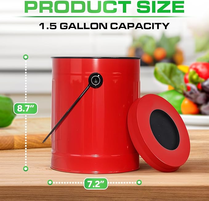 Plexon Countertop Compost Bin Kitchen with Lid, Red 1.5 Gallon Odorless Compost Container, Steel Food Compost Bucket for Kitchen with Charcoal Filter, Pail for Countertop