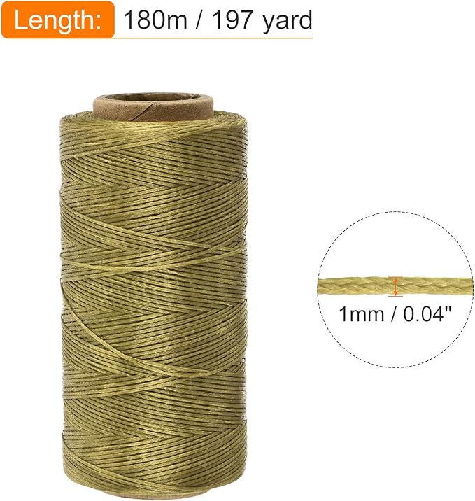 MECCANIXITY Waxed Thread,197 Yard 1mm 210D Flat Wax Thread Polyester Waxed String for Leather Sewing Hand Weaving Book Binding Home Decoration,Deep Khaki