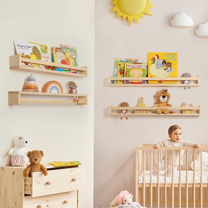 Fun Memories Nursery Book Shelves - Rustic Natural Solid Wood Floating Bookshelf for Kids - Wall Book Shelves for Kids Room (Natural, 32inch - 2P)