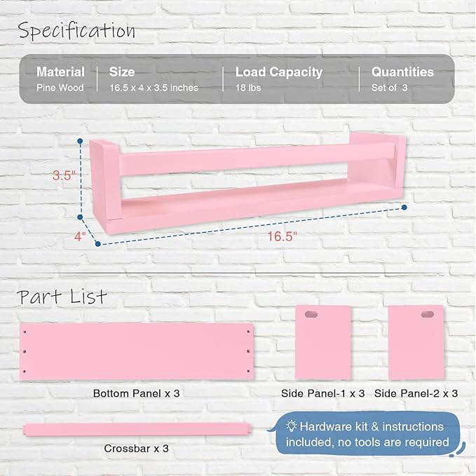 Pink Nursery Floating Shelves for Wall Set of 3, Baby Girls Room Wall Book Shelves for Kids Bedroom, Corner Bookshelf for Toddler Children Bathroom Decor and Toys Organizers and Storage
