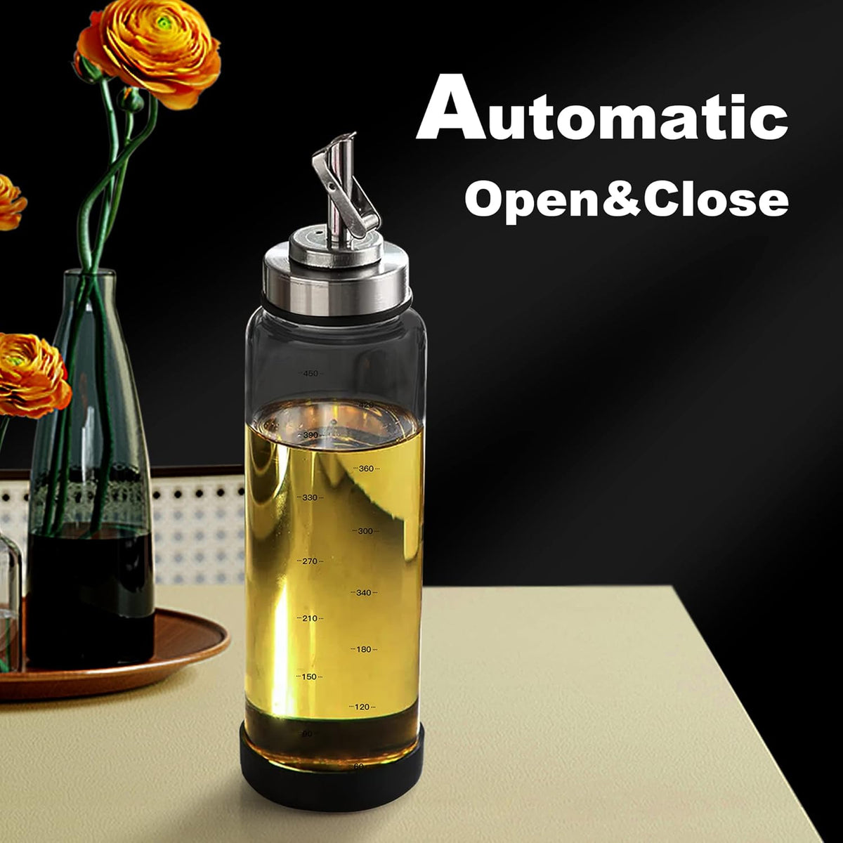 Suli Glass Olive Oil Dispenser Bottle -2 Pack17oz Oil and Vinegar Cruet Set with Steel Spouts and Labels for Kitchen Cooking, Salad Dressing, and BBQ (Silver)