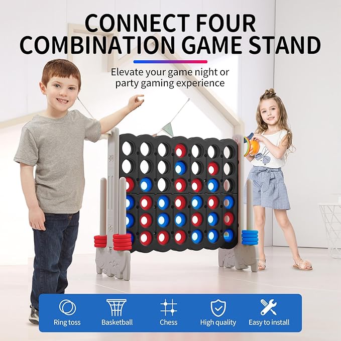 UNICOO Giant 4-in-A-Row with Carry Bag, Ring Toss, Basketball Hoop - Large Outdoor Game for Family Fun - Big Jumbo Game Set for Backyard Parties, BBQs, and Gatherings (Black & Grey)