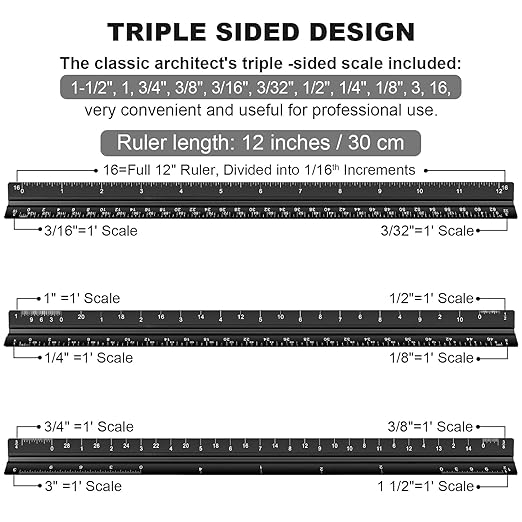 Architectural Scale Ruler Set, 2 Pack 12 Inch Aluminum Architect Ruler with Standard Metal Ruler, Imperial Architect Triangular Ruler with Etching for Architects, Engineers, Students and Draftsman