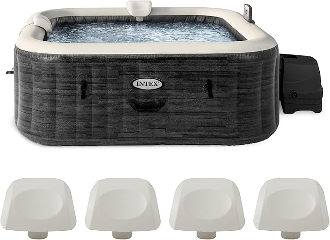 Intex PureSpa Plus Greystone Square Hot Tub 6 Person Inflatable 94" Outdoor Relaxing 170 AirJet Spa Bundled with 4 PureSpa Cushioned Headrest Pillows