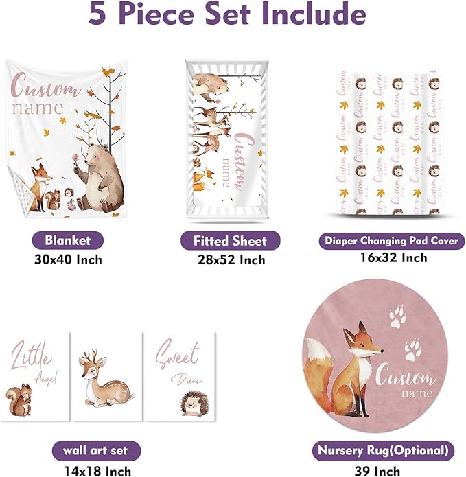 Personalized Baby Crib Bedding Set for Baby Girls, Fox Sika Deer Pattern Custom Name Baby Crib Sets 5-Pcs, Toddler Double Layer Blanket Fitted Sheets Changing Pad Cover Rug Wall Art Set