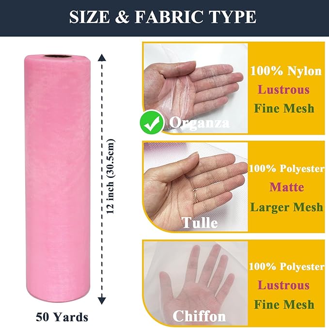 Pink Organza Tulle Fabric Rolls, Crystal Organza 12" by 50 Yards (150 ft) Sheer Nylon Silky Shiny Netting Spool Bolt for DIY Craft Table Runner Wedding Baby Shower Party Decor (Light Pink)