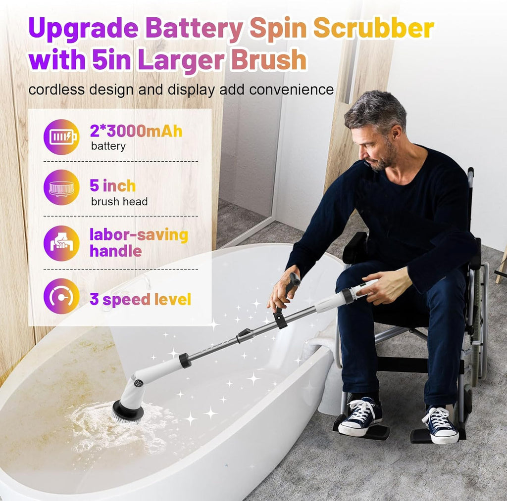 6000mAh Battery Electric Spin Scrubber 5inch Large Brush, Zordin Best Power Shower Scrubber for Cleaning, 1200RPM Cordless Cleaning Brush for Bathroom/Floor Grout Tile (8 Brushes)