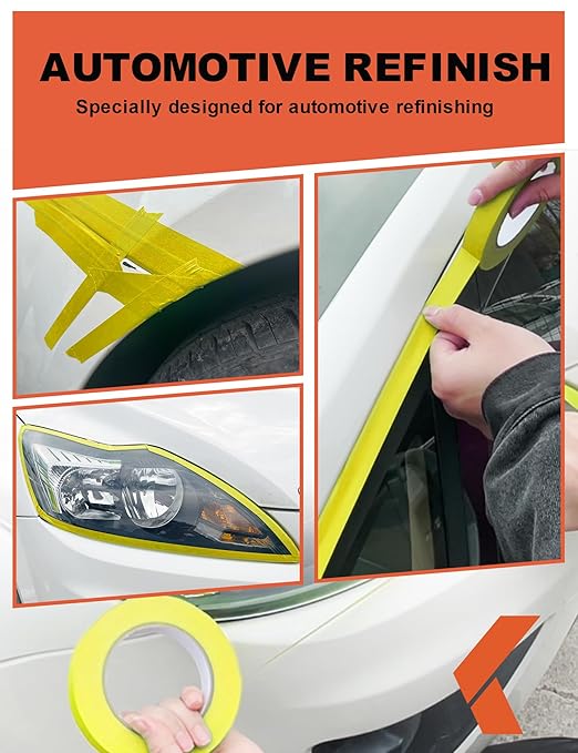 Painters Tape for Cars Vehicles Paint Tape Auto Body Yellow Masking Tape Heat Resistant Automotive Removable No Residue Painting Tape Bulk Set for Paint Booth, 0.7in-60 yards/6rolls