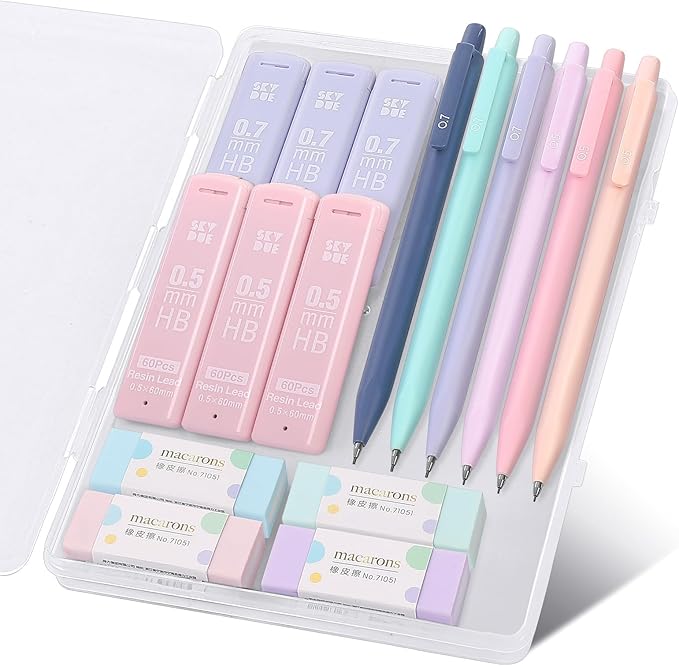 SKYDUE Cute Mechanical Pencils Set with Case, 6PCS 0.5mm & 0.7mm Mechanical Pencils, 360PCS HB Lead Refills, 4PCS Pastel Erasers, Pastel Back to School Supplies for Girls