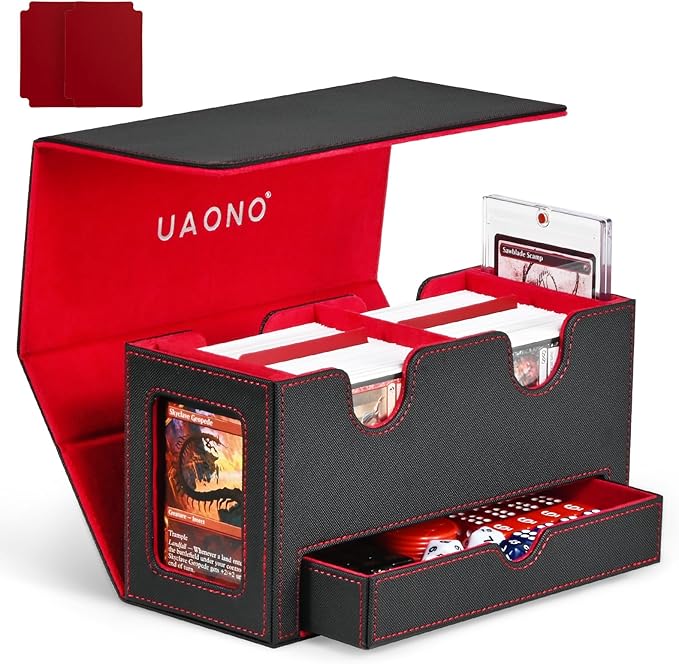 Card Deck Box for MTG, Double Card Storage Box with 2 Commander Display & 1 Dice Tray, Fits 200+ Double Sleeved Cards, Card Organizer for CCG TCG Sports Cards (Black Red)