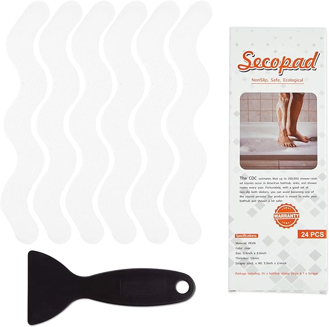 USA Patented Anti Slip Shower Stickers 24 PCS Safety Bathtub Strips Adhesive Decals with Premium Scraper for Bath Tub Shower Stairs Ladders Boats (White)