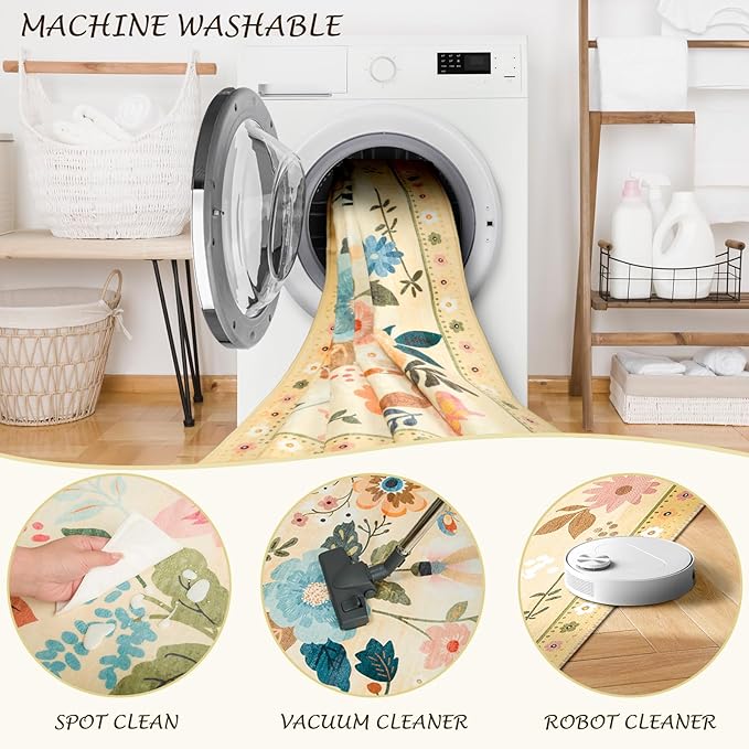 Floral 6ft Area Rug Machine Washable Soft Print Boho Carpet Non Slip Doormat Low Pile Flower Area Rugs for Living Room Bedroom Nursery Kitchen Dining Room Indoor-Ivory/Yellow