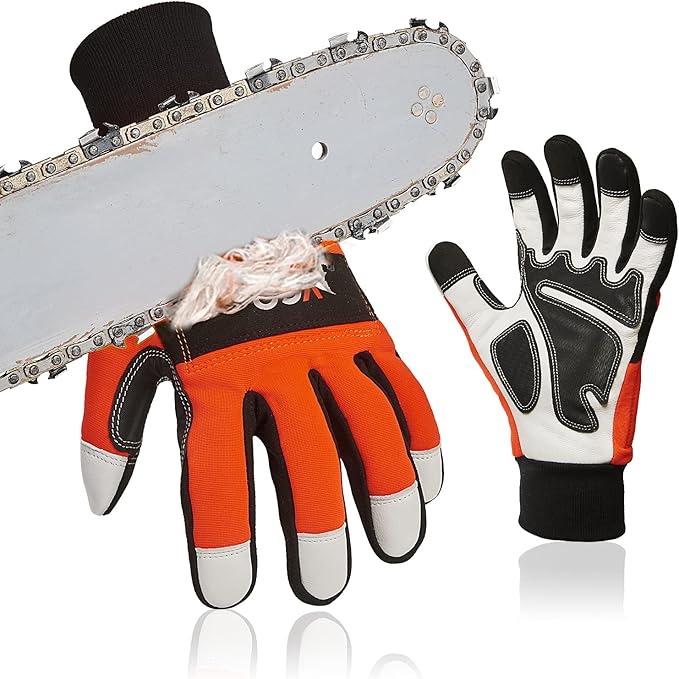 Vgo... 1Pair Chainsaw Gloves, 12-Layer Chainsaw Protection on Left Hand Back,Goat leather Work Gloves, Mechanic Gloves