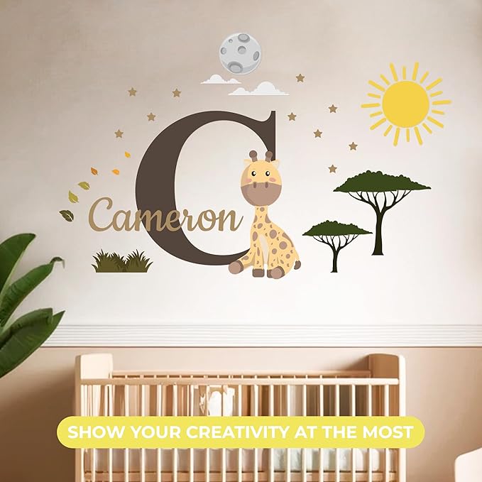 CRYPTONITE Personalized Name Jungle Animals Vinyl Wall Decor I Nursery Wall Decal for Baby Boy & Girl Decoration I Stickers for Kids I Multiple Options for Customization (B. Giraffe)