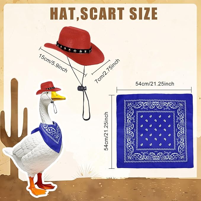 Porch Goose Outfits Western Cowboy Style, Lawn Cement Goose Clothes Outfits for Cement Goose Includes Adjustable Cowboy Hat and Scarf for 23/17″ Outdoor Statue (Blue,Red)