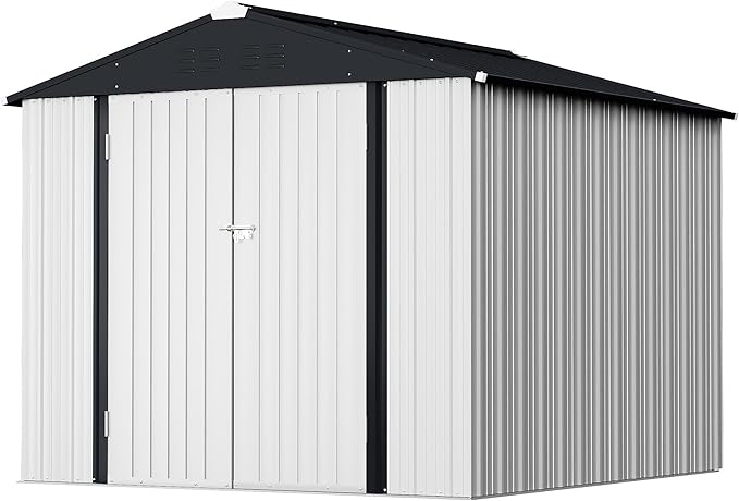 GUNJI 8 x 6 FT Shed Outdoor Storage Shed Metal Garden Shed with Lockable Door Outside Waterproof Tool Shed for Backyard, Patio, Lawn (White)