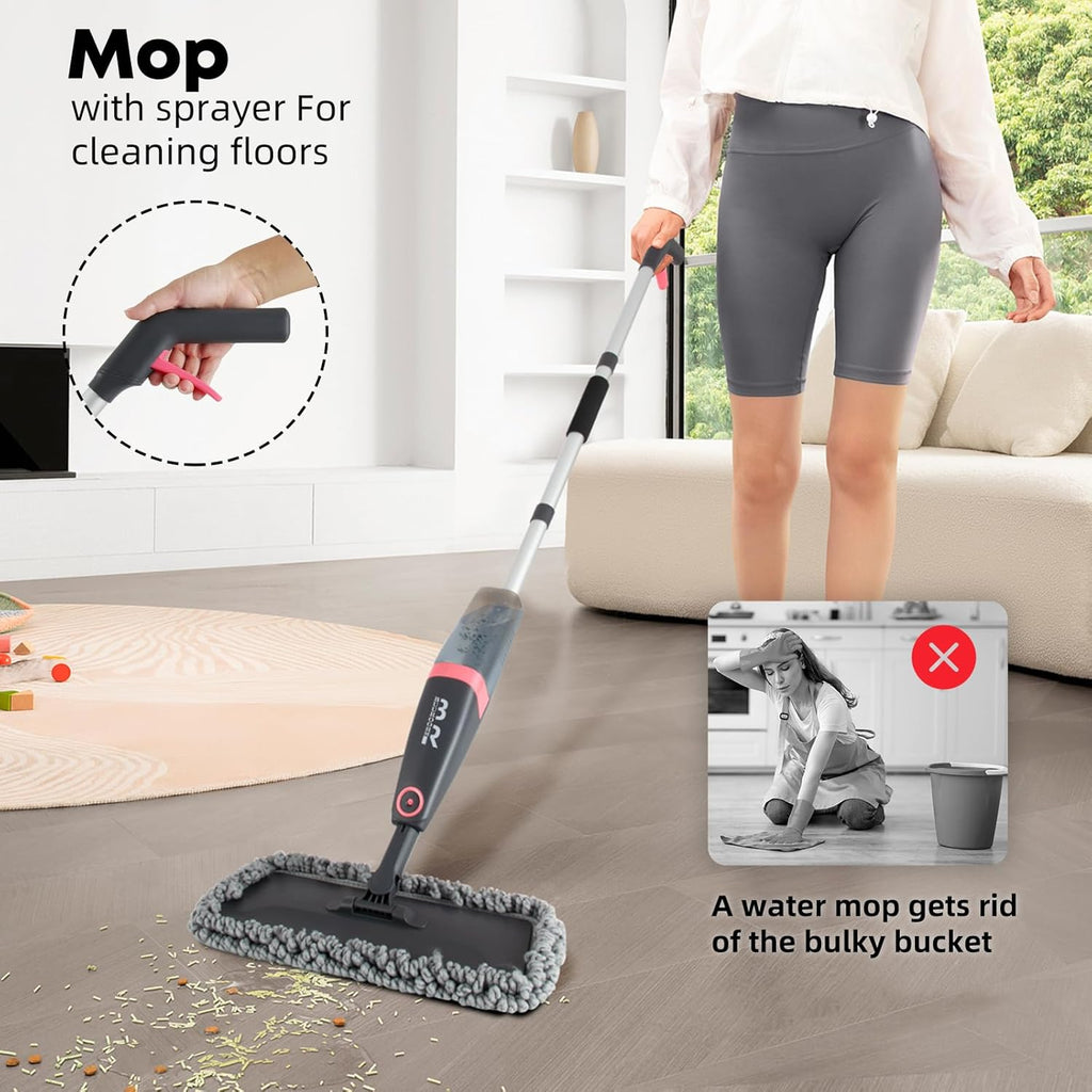 Microfiber Spray Mop for Floors Dry and Wet Mop with Dusting 360 Rotation for Kitchen, Hardwood, Laminate, Tile Floors Includes 4 Refill Heads, Scraper, Holder & Spray Bottle