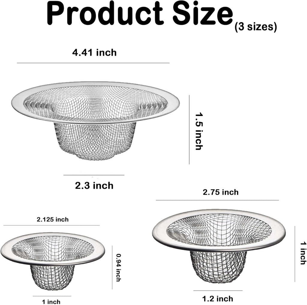 Bathroom Mesh Sink Drain Strainer Screen, 15PCS Drain Mesh Basket Cover Stainless Steel Slop Basket Filter Trap Tub Drain Screen Hair Catcher for Shower Utility Drain (2.125''&2.75"&4.41'')