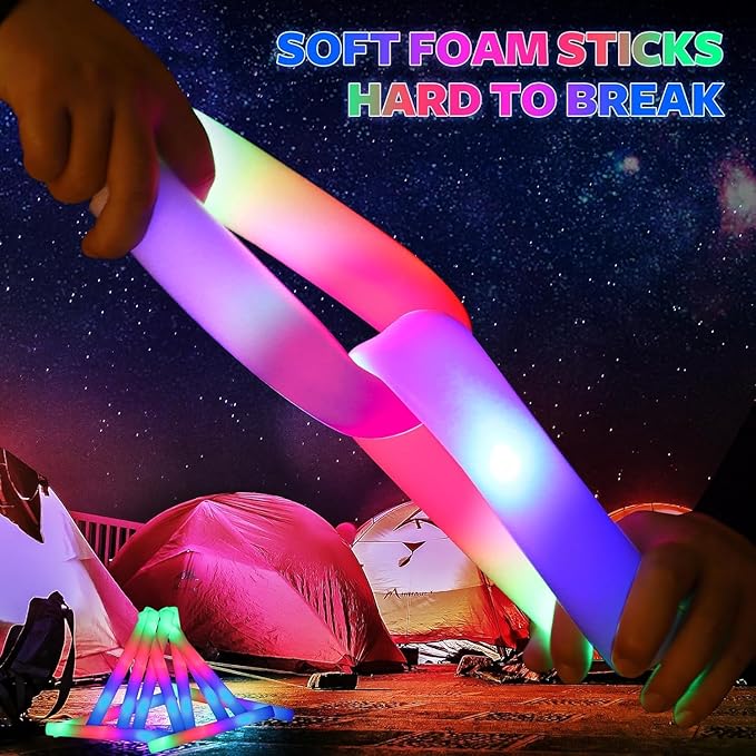 48 PCS LED Foam Glow Sticks Bulk, Glow in the Dark Party Supplies with 3 Modes Colorful Flashing, Neon Party Favors for Birthday, Wedding, Carnival, Concert, New Year