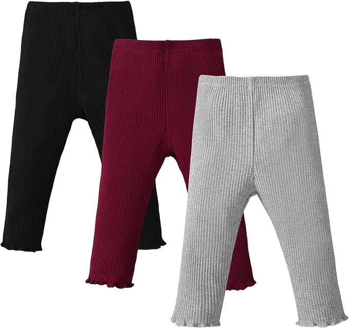 SOBOWO Baby Girl Leggings Pants Toddler Girls Solid Ribbed Pants 3 Pack Ruffle Bottoms Trouser Fall Winter Clothes 9M-3T