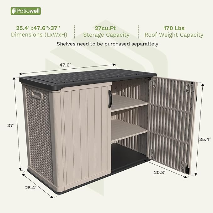 Patiowell 26 cu.ft Plastic Outdoor Storage Shed, Lockable Waterproof Resin Outdoor Storage Cabinet Tool Shed for Garden Tools, Garbage Cans, Pool Supplies, Beige(Not Include Shelves)