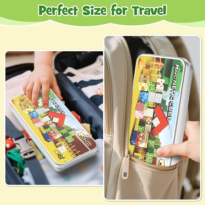 Magnetic Tiles Farm Animals Travel Toys, 35PCS Magnetic Blocks for Kids Ages 3-8, Portable STEM Building Cubes with Metal Storage Box, Toddler Learning Toys for Ages 3-5
