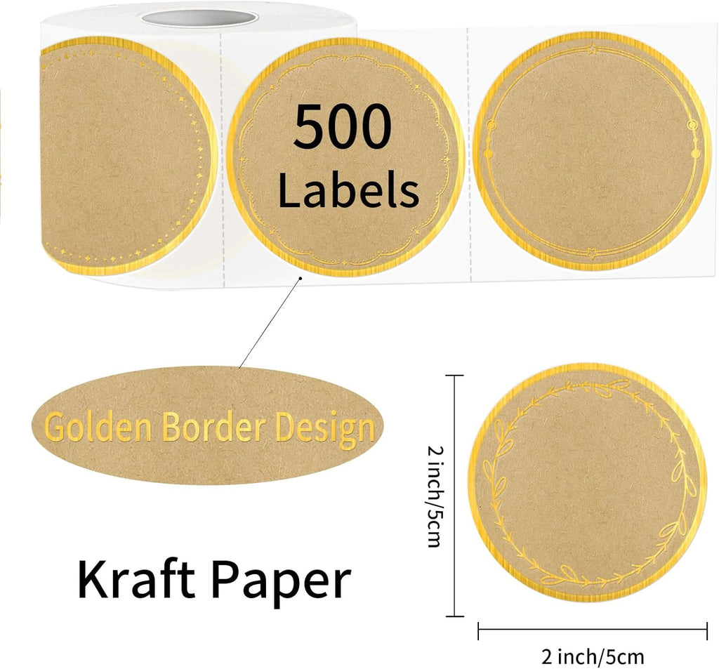 2" Kraft Label Stickers for Jars and Lids, 6 Different Gold Border Designs, Kraft Sticker Labels use for Pantry, Mason Jars, Canning, Bottles- 500pcs