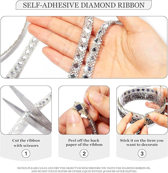 Rhinestone Ribbon 3 Yards Self Adhesive Rhinestone Strips Diamond Ribbon Sticker Crystal Roll Glitter Bling Rhinestones Tape for Crafting DIY Art Decoration (Clear,0.4 Inch)