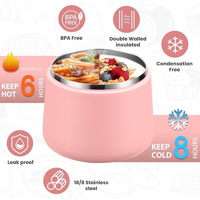 Soup Thermo for Hot Food Kids 14oz Lunch Containers with Buckle Lid Wide Mouth Hot Food Jar Vacuum Insulated Stainless Steel Bento Box Leakproof with Spoon(Pink)