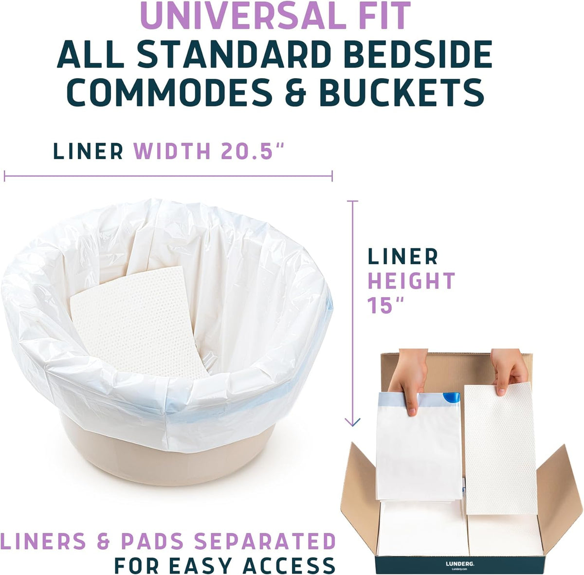 Lunderg Commode Liners with Absorbent Pads - Lavender Scent Medical Grade 50 Count Universal Fit - Disposable Bedside Commode Liners and Pads for Adult Chairs, Portable Buckets & Camping Toilet Bags