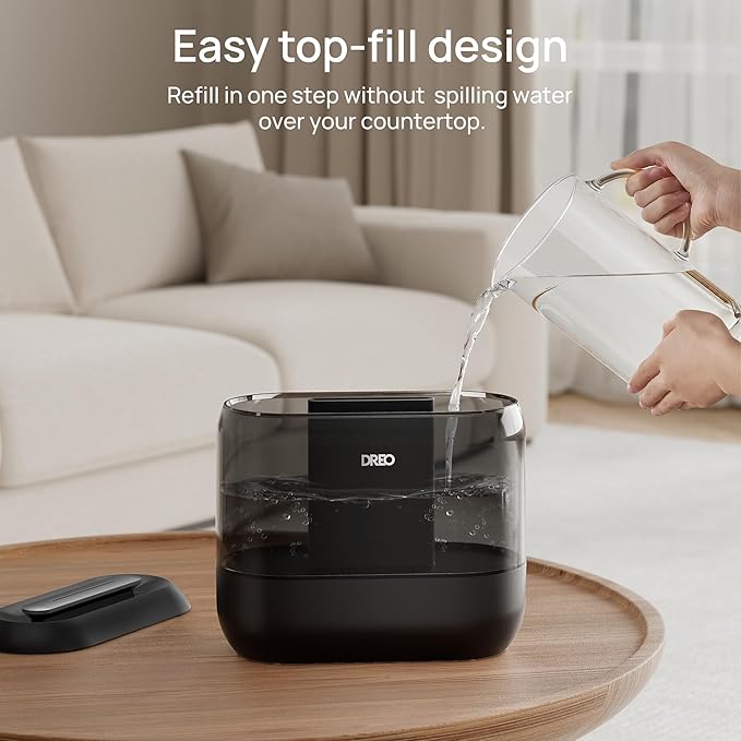 Dreo Top Fill 4L Humidifiers for Bedroom, 36H Runtime, 28 dB Quiet Cool Mist Supersized Air Humidifier for Large Room, Plants, Baby Nursery, Indoor, Night Light, Easy to Clean & Fill, Black