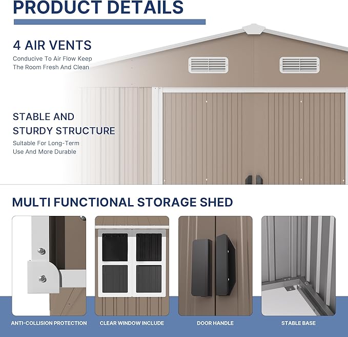 Kullavik 10FT x 8FT Outdoor Storage Shed,Waterproof Metal Tool Shed with Lockable Sliding Door and Air Vents,Metal Storage Shed for Garden,Patio,Backyard,Lawn