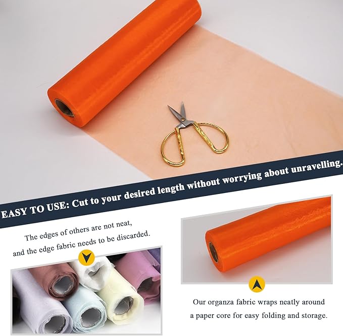 Orange Organza Tulle Fabric Rolls, Crystal Organza 12" by 50 Yards (150 ft) Sheer Nylon Silky Shiny Netting Spool Bolt for DIY Craft Table Runner Wedding Baby Shower Party Decor (Orange)