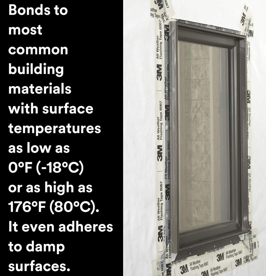 3M All Weather Flashing Tape 8067, 9 in x 75 ft, 1 Roll, Adhesive Backed Split Liner, Prevents Moisture Intrusion, Waterproof Flashing Seals Doors, Windows, Openings in Wood Frame Construction
