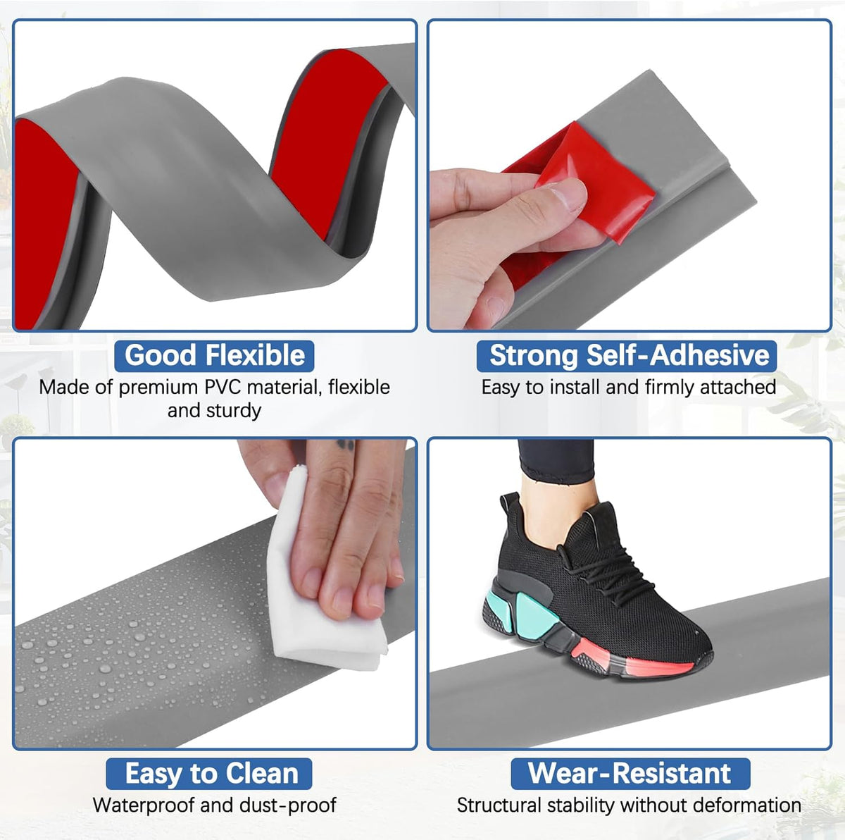Vinyl Door Threshold Flooring Transition Strip Self Adhesive Carpet Edging Strip for Laminate Doorway Edge Threshold from 2/5" to 3/5" (Gray, 6.6 Ft)