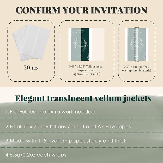 UNIQOOO 30 Pack Pre-Folded Vellum Jackets for 5x7 Invitations, Elegant Blank DIY Vellum Paper, 115GSM Semi-Transparent Cover Jacket for Wedding Envelopes