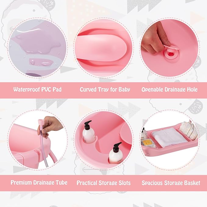 BABY JOY Baby Bathtub with Changing Table, Foldable Infant Diaper Changing Station with Storage Tray, Waterproof Pad, Portable Newborn Nursery Organizer Bath Stand with 4 Universal Wheels (Pink)