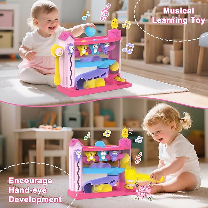Toddler Musical Toys for 1+ Years Old Girls,Fine Motor Skills Developmental Baby Toy 12-18-24+ Months,Bilingual Toddler Learning Ball Drop Toy,Infant Birthday Gifts Toys for 1 2 Year Old Girl(Pink)