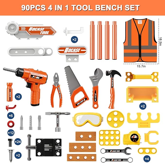 Kids Tool Bench - Toy Workbench with Storage Box,4 in 1 Kids Tool Set with Electric Drill Toy Tool Accessories 90pcs Pretend Play Construction Toy Educational Gift for Kids 3-5,4-8