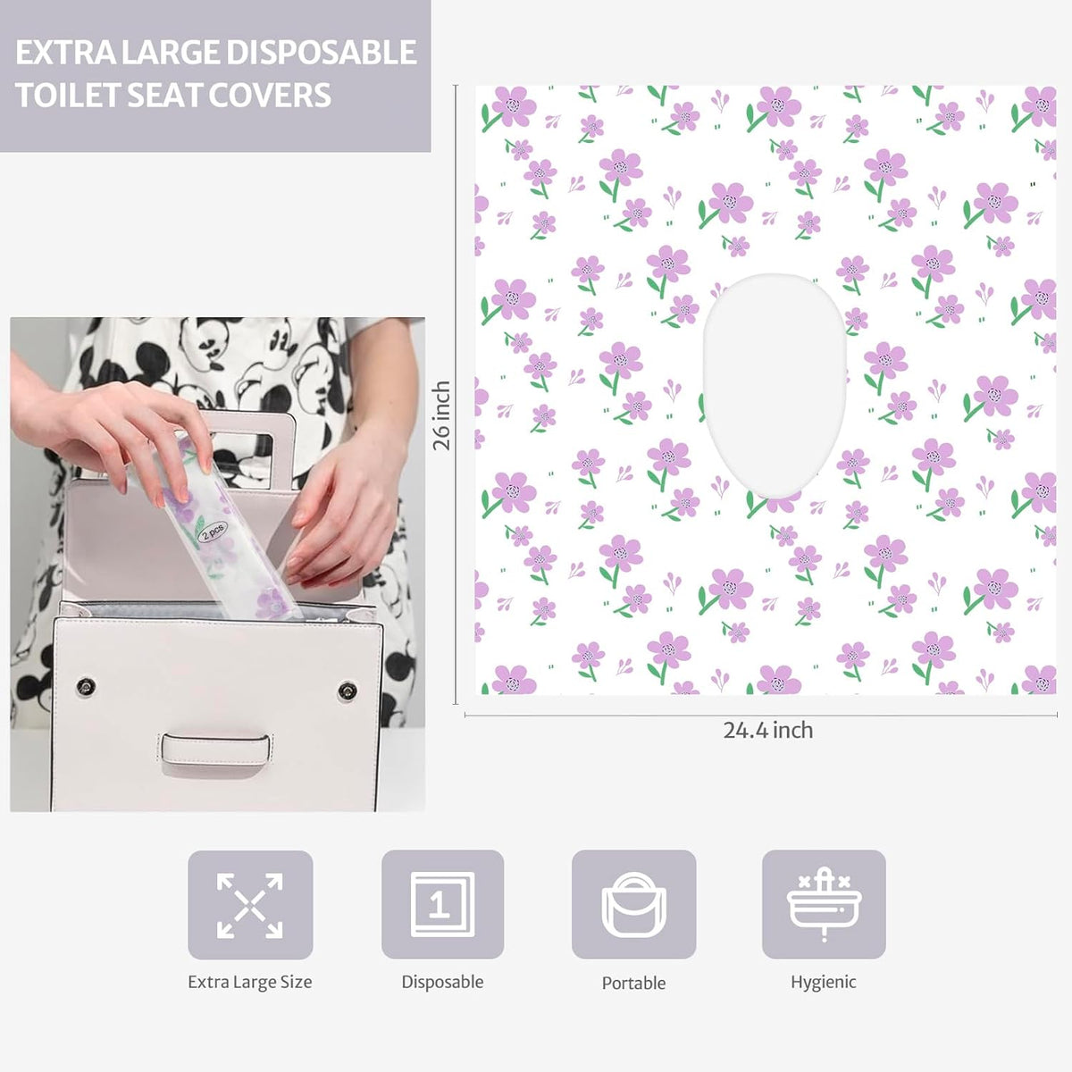 Blissful Diary 20 Pcs Toilet Seat Covers Disposable for Toddlers & Adults, Extra Large Waterproof, Portable Package for Travel, Kids Potty Training(Purple Flowers))