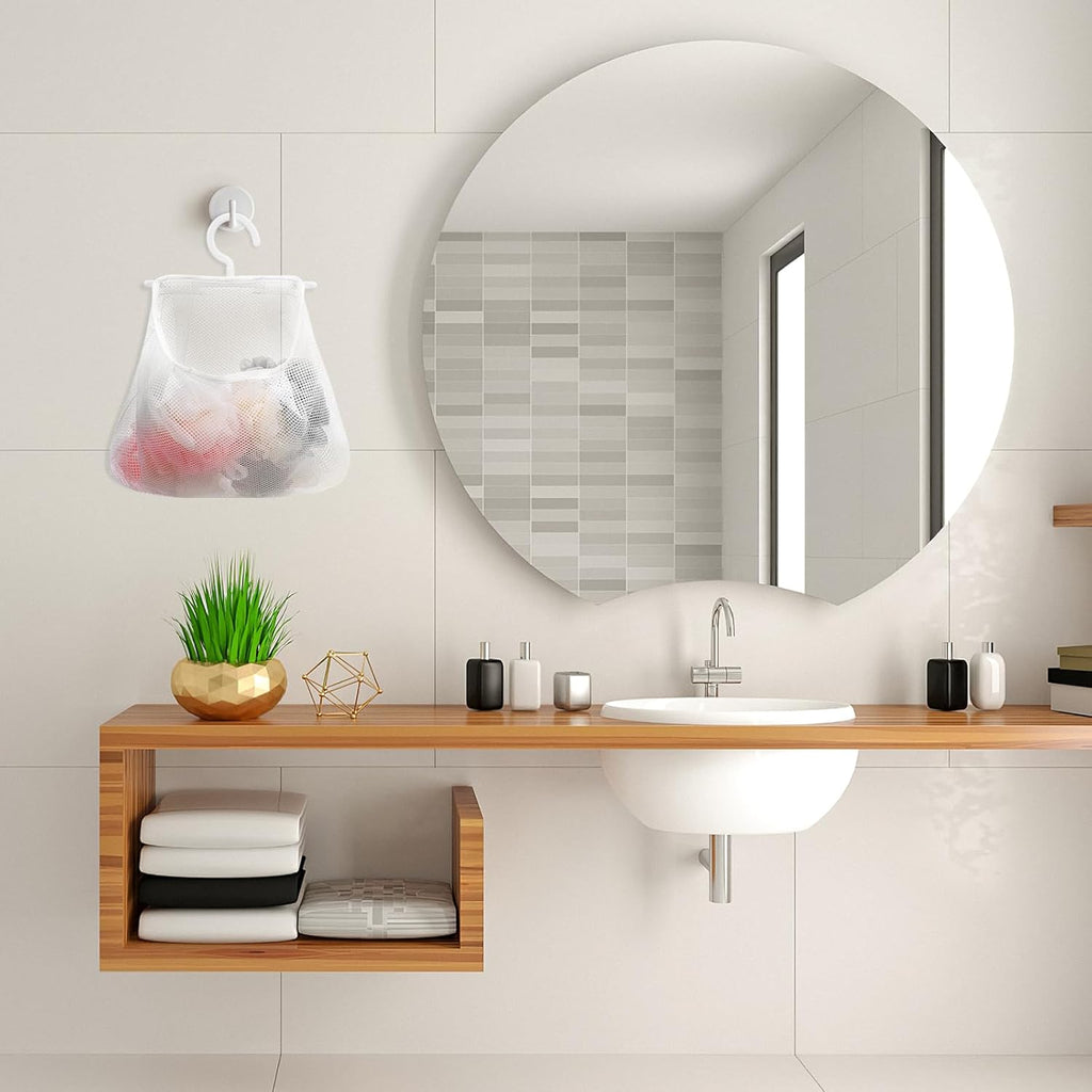 Cabilock 2pcs Multi-functional Hanging Mesh Bag Breathable Laundry Storage Bag for Bathroom Kitchen Clothespin Holder Fruit and Vegetable Pouch Hanging Organizer for Home Use