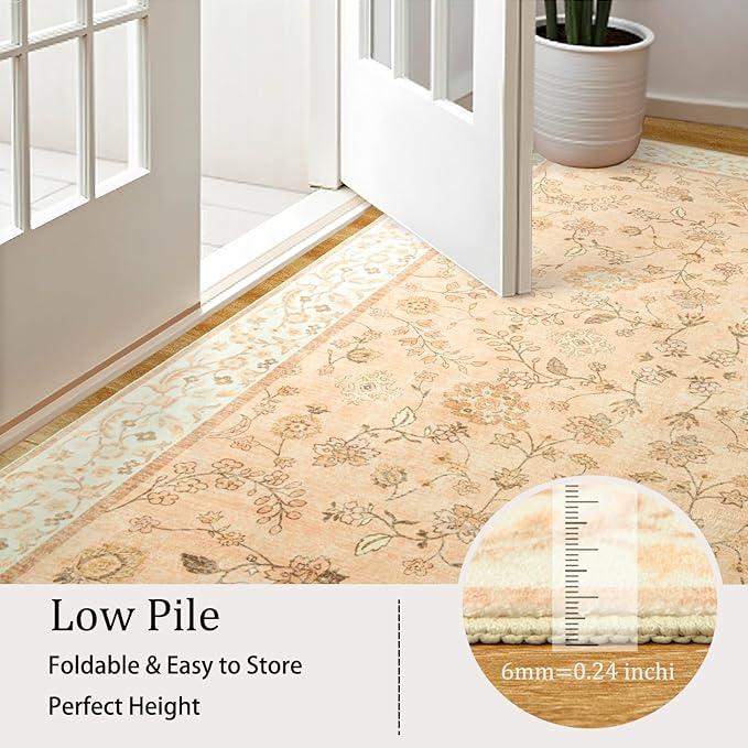 LOCHAS Washable Area Rugs 4x6, Peach Floral Rug for Living Room Bedroom Non Slip, Ultra Soft Vintage Indoor Carpet for Kids, Nursery, Dorm, Dining Room, Classroom, Boho Flower Home Decor, Low-Pile