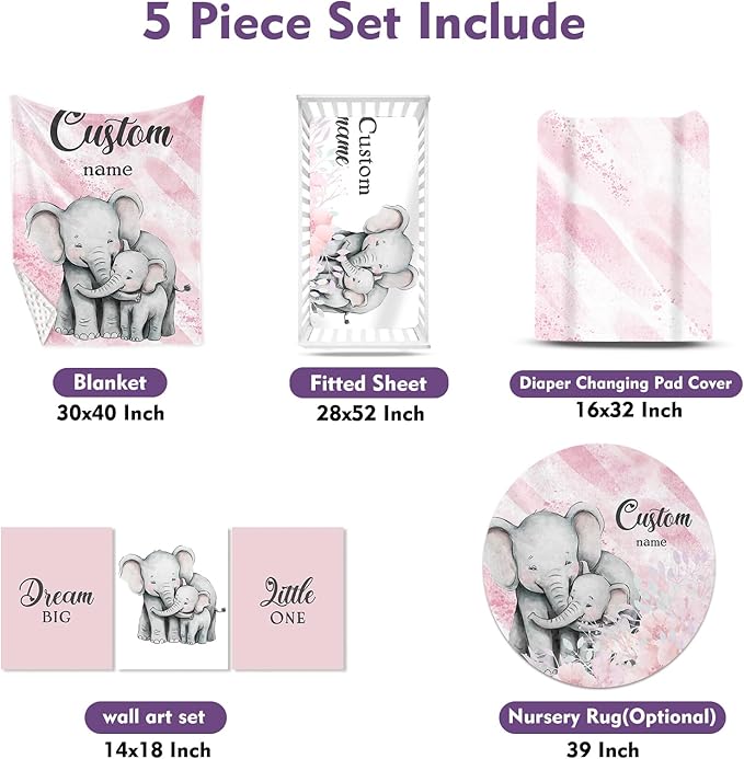 Personalized Baby Crib Bedding Set for Baby Girls, Pink Elephant Design Custom Name Baby Crib Sets 5-Pcs, Toddler Double Layer Blanket Fitted Sheets Changing Pad Cover Rug Wall Art Set